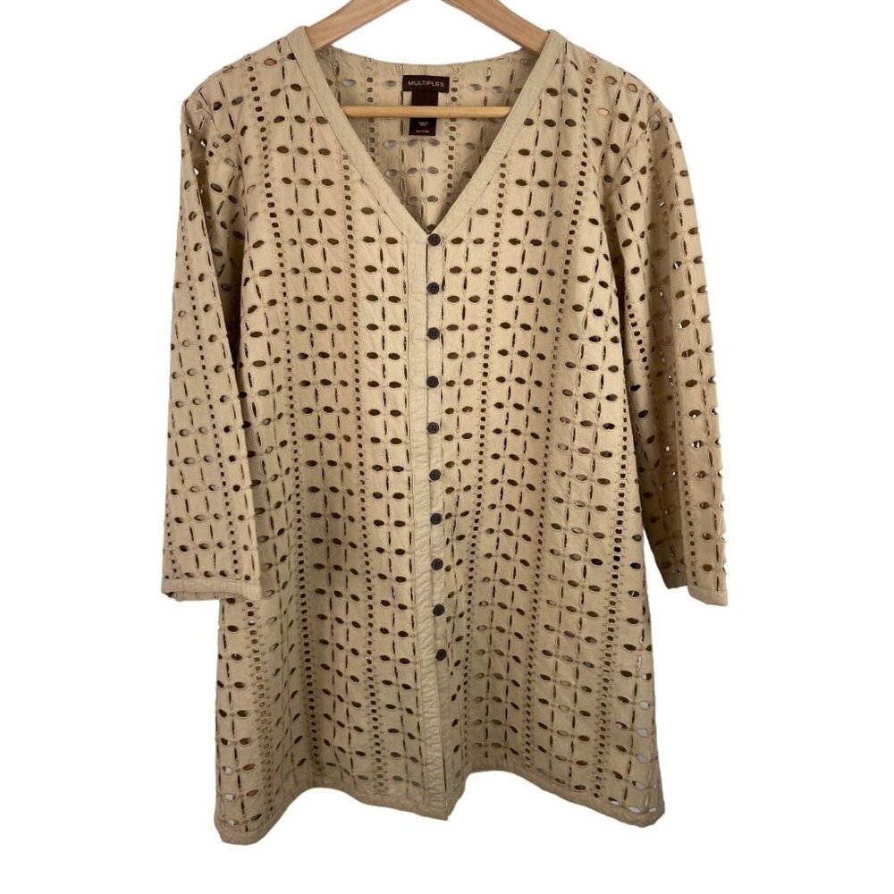 Multiples Brown Button Up 3/4 Sleeve Open Knit Eyelet Cardigan Womens SIze Large